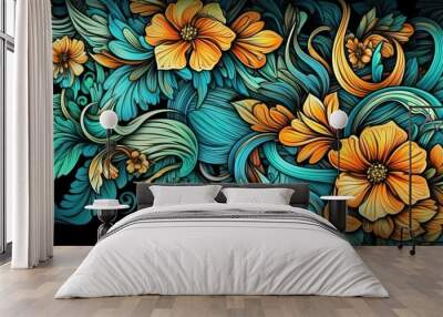 flowers and foliage colorful pattern spring summer background Wall mural