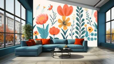 flowers and foliage colorful pattern spring summer background Wall mural