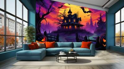 halloween themed cartoon background with pumpkins, creepy ghosts, and witches, in the style of dark pink and orange Wall mural