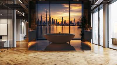 High end luxury bathroom interior design with bathtub and double vanity, window view of city Wall mural