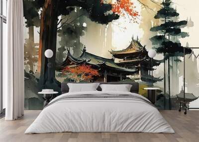 japanese landscape in watercolor with a fairy garden, ink landscape painting created digitally Generative AI Wall mural