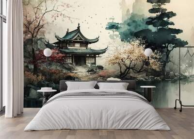 japanese landscape in watercolor with a fairy garden, ink landscape painting created digitally Generative AI Wall mural