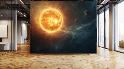 Solar system with planets and moons orbiting the sun, fantasy space background with swirling cosmic patterns. Wall mural