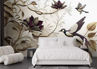 wallpaper birds and flowers long branches white background Wall mural