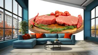 Beef round slice isolated on white background. Raw beef round with herbs and spices Wall mural