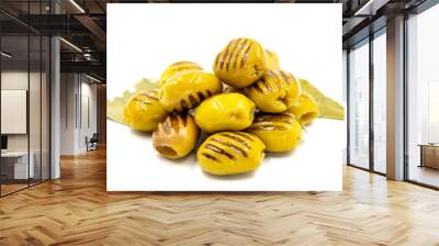 Grilled green olives. natural olive on isolated white background. Healthy food. close up Wall mural