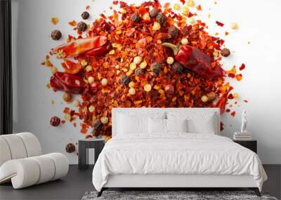 red chili flakes and spices in pile isolated on white  Wall mural