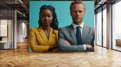 Confident business partners standing with arms crossed against a blue background. Wall mural