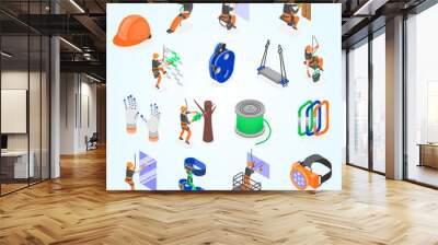 industrial climber isometric set special equipment people helmet safety belt working height isolated Wall mural