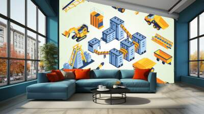 mine industry isometric set vector construction icons set bulldozer machinery truckload crane excavator mixer Wall mural