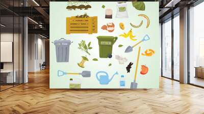 round compost colored composting flat composition scraps fertilizer watering cans trash cans vector illustration Wall mural