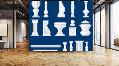 set with isolated images stone balusters vases columns white color black background vector illustration Wall mural