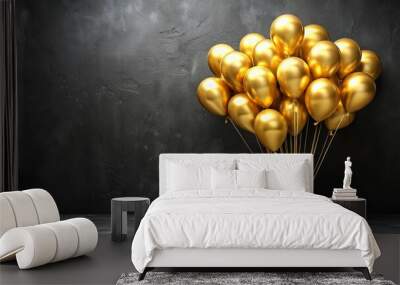 Gold balloons bunch on a black wall background. Horizontal banner.
 Wall mural