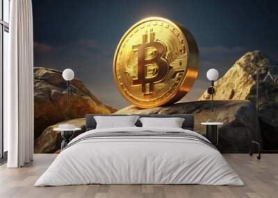 Golden bitcoin is on the rock. Crypto concept
 Wall mural