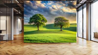 Portrait of Serene Rolling Green Landscape with Two Solitary Trees in Lush Field
 Wall mural