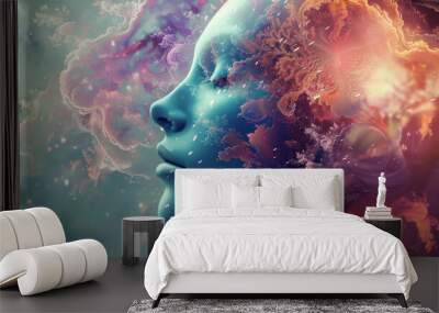 a female face and abstract color background with clouds Wall mural