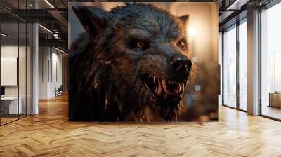 A snarling black wolf with sharp teeth and piercing yellow eyes. Wall mural