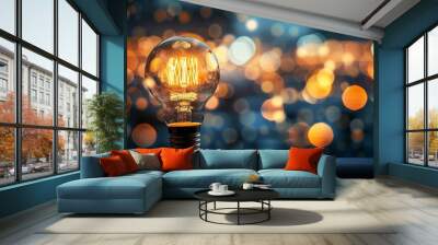 Incandescent light bulb on bokeh background, energy saving concept Wall mural