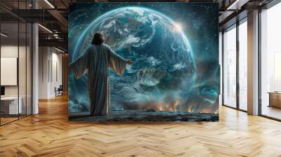 Jesus stands on a hill overlooking a blue and green planet. Wall mural