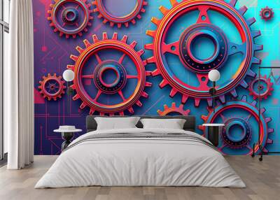 Abstract techno gear background with geometric colorful gear wheels. Space for gear text. Vector gears modern mechanism industrial Wall mural