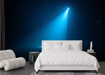 Rays, spotlights light. Empty dark scene with blue light. Asphalt blue dark street with smoke. Wall mural