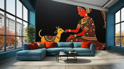 Traditional Gond art from India of a woman and a child against a black background. Wall mural