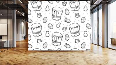 Outline Easter cakes glaze with eggs and rabbits seamless pattern on white background. Doodle stile. Wall mural