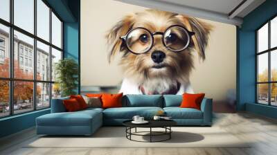 A cute small dog with big round glasses and a white lab coat with a red striped tie looks scholarly. Wall mural