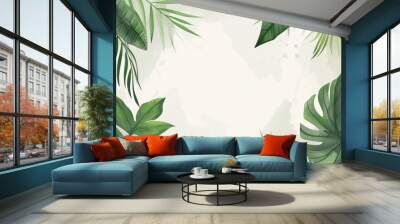 A serene tropical background with lush green leaves of various shapes and sizes framing a soft, watercolor-like white space. Wall mural