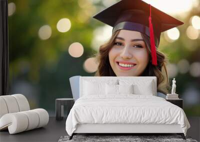 A young woman in a graduation cap with a red tassel holds a rolled diploma, smiling with happiness and pride in a lush garden setting. Wall mural