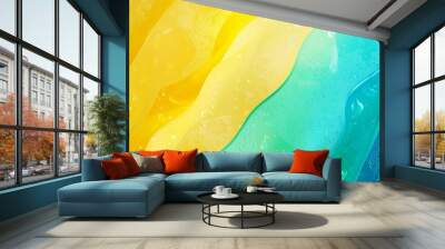 Abstract background showing a flowing, dynamic design of yellow and blue curved shapes with water droplets, creating a refreshing and vibrant visual Wall mural