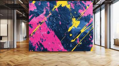 Abstract grunge background featuring energetic strokes of pink, yellow and blue paint, creating a vibrant and dynamic composition Wall mural