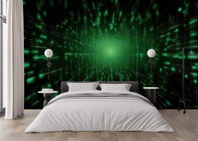 Binary matrix 1 0 bits green abstract background, generative AI Wall mural