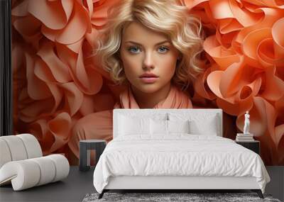 Blonde, fashion model in apricot crush- colored dress Wall mural