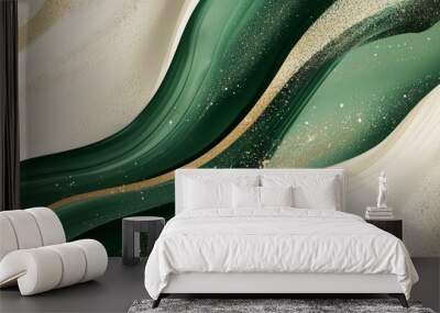 Captivating green and beige liquid acrylic paint blend with gold glitter, creating a modern, vibrant design perfect for backgrounds, art, or decoration Wall mural