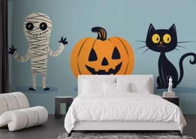 Cartoon illustration featuring a smiling mummy waving, a carved pumpkin, and a black cat sitting, all set against a blue background Wall mural