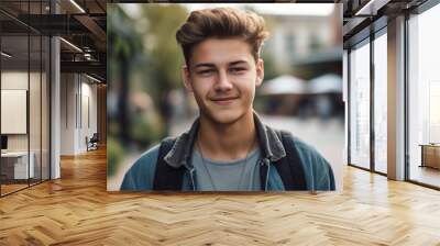 Caucasian happy male in university campus, Portrait of teenage male student standing in a college, generative AI Wall mural