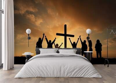 Christian people group raise hands up worship God Jesus Christ together, generative AI Wall mural