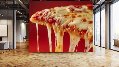 Close-up image of a hot pepperoni pizza slice with melted cheese stretching tantalizingly, showcasing the delicious texture and enticing toppings against a vibrant red background Wall mural