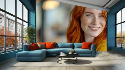 Close-up of a radiant redhead woman with a captivating smile, exuding warmth and confidence in a softly lit indoor setting that highlights her fiery hair and sparkling eyes Wall mural