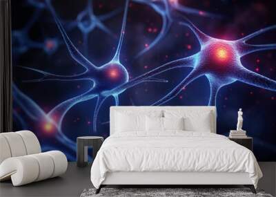 Conceptual illustration of neuron cells with glowing link knots in abstract dark space, high resolution 3D illustration Wall mural