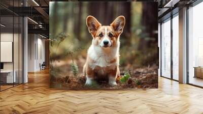 Cute puppy Pembroke Welsh Corgi with one ear standing up outdoor in summer park, generative AI Wall mural