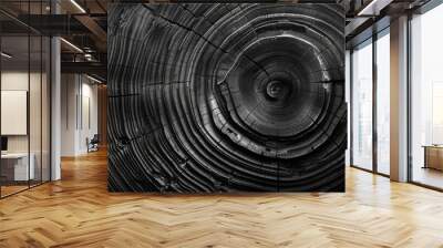 Detailed and dramatic black and white image showcasing the intricate patterns of a tree's growth rings, highlighting natural textures and the beauty of age and time Wall mural