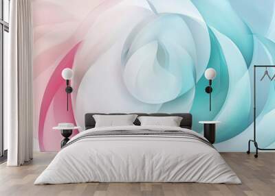 Digital art image featuring pastel pink, blue and white curves creating a spiral shape in the center. The image evokes feelings of calmness and serenity Wall mural