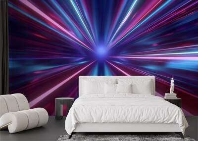 Digital illustration of a dynamic hyperspace tunnel with vivid blue and pink light streaks, conveying the concept of speed, futuristic travel, and advanced technology in a captivating visual Wall mural