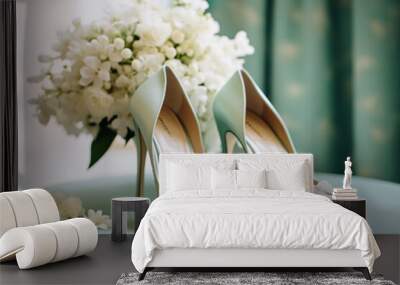 Elegant ivory bridal shoes with lace detail, set against a backdrop of white flowers and teal curtains. Wall mural