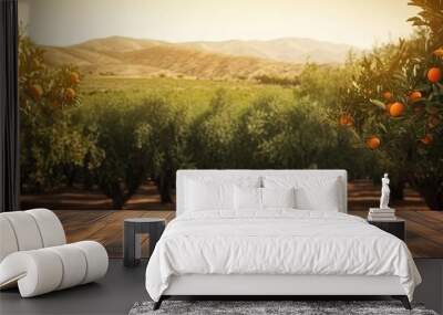 Empty wood table with free space over orange trees, orange field background, generative AI Wall mural