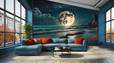 Fantasy tropical sea beach, Full moon with star over seascape in night skies, generative AI Wall mural