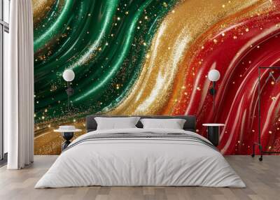 Festive christmas background with red, gold, and green liquid texture adorned with shimmering glitter, perfect for holiday celebrations and adding sparkle to cards and social media posts Wall mural