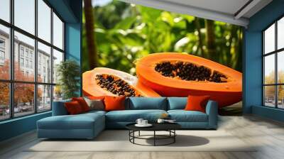 Fresh half of papaya with seeds on tropical leaves background. Tropical exotic fruit Wall mural